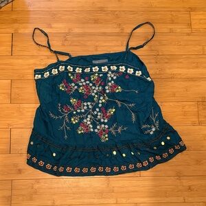 Anthropologie Teal Floral Embroidered Camisole